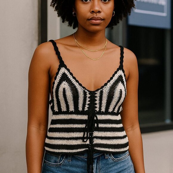 Zara Blue White Crochet Stripe Drawstring Waist Crop Tank Top Small - Picture 1 of 7